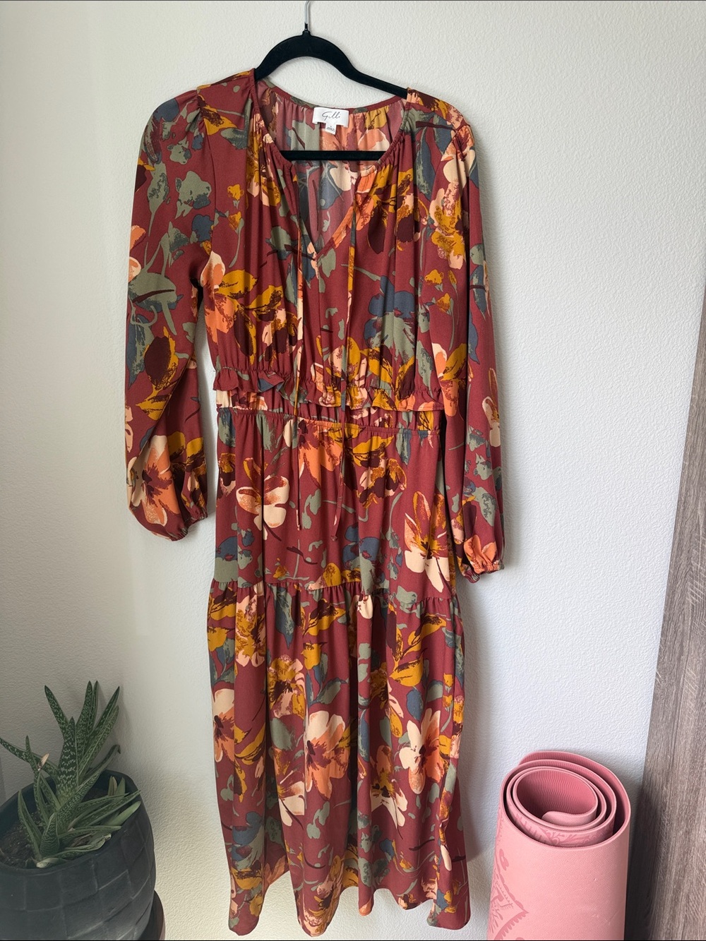 Gilli Rust Floral Maxi Dress with Mustard & Olive Accents